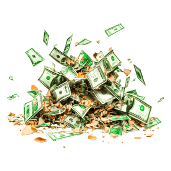 Pile of Crumpled Dollar Bills Surrounding Shattered Eggshells png