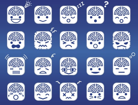 Artificial Intelligence Cute Icon Set Isolated On A Blue Background. vector