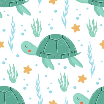 Seamless pattern with cute sea turtle vector