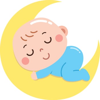 A cute and dreamy cartoon illustration of a baby peacefully sleeping on a yellow crescent moon vector