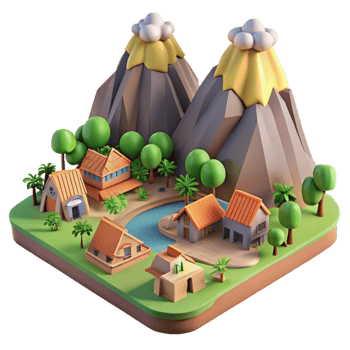 3D Cartoon Village near Volcanoes png