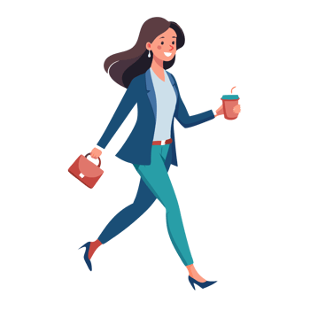 Confident young businesswoman walking with coffee urban street lifestyle illustration bright day dynamic perspective png