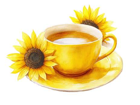 Yellow tea cup with sunflowers offers a vibrant, cheerful vibe. Watercolor clipart cartoon. png