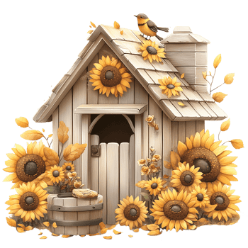 A whimsical birdhouse adorned with vibrant sunflowers. Watercolor clipart cartoon. png