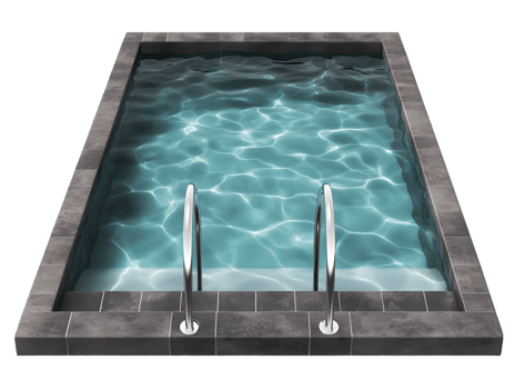 Overhead View of a Teal Rectangular Swimming Pool with Stainless Steel Handrails png