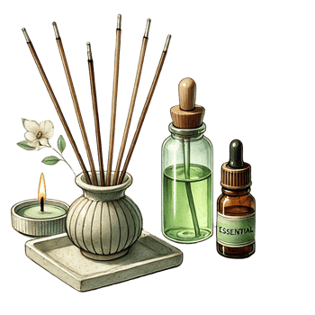 Aesthetic essential oils with candles and aroma diffusers. Watercolor clipart cartoon png