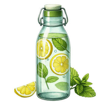 Refreshing lemon and mint infusion in a stylish glass bottle. Watercolor clipart cartoon png