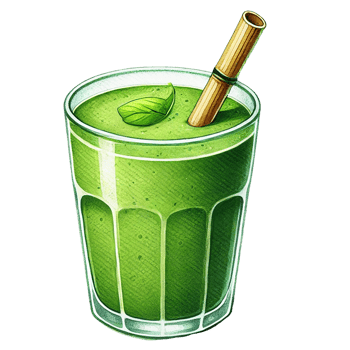 Refreshing green smoothie in a glass with a straw and mint leaf. Watercolor clipart cartoon png
