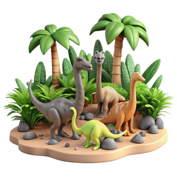 Cartoon Dinosaurs in Tropical Paradise 3D Render of Prehistoric Creatures png