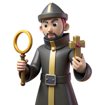 3D Render of a Cartoon Religious Figure Holding a Magnifying Glass and a Cross png