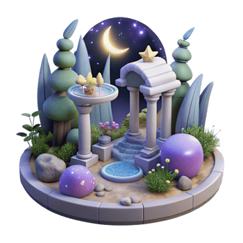 vibrant vintage Enchanted Moonlit Garden 3D Illustration A Whimsical Nighttime Scene with Miniature Architecture, Plants, and Orb Decorations genuine png