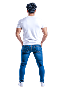 Young man standing with hands on hips in casual outfit, full body png