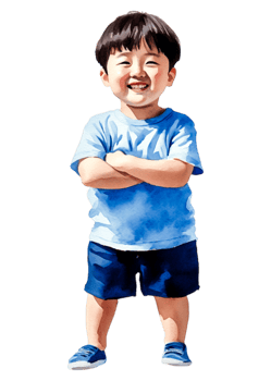 Joyful young boy smiling with arms crossed in casual blue outfit png