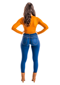 Stylish Woman in Bright Orange Top and Blue High-Waisted Jeans png