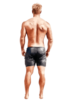 Young Man Standing Barefoot with Short Swimming Trunks from Behind png