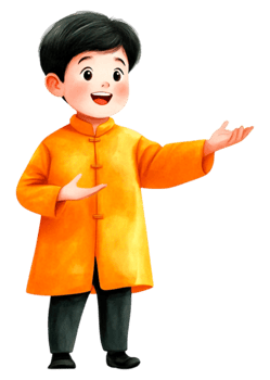 Cheerful Boy in Traditional Outfit Gesturing Happily with Smile png