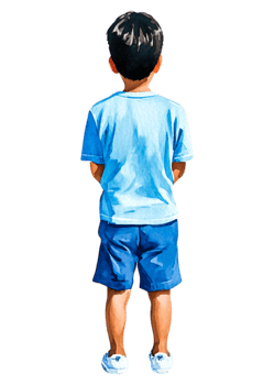 Young Boy Standing Alone in Blue Shirt and Shorts from Back View png