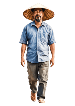Farmer Walking in Traditional Straw Hat and Casual Clothing png