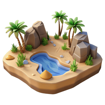 Oasis 3D Render Palm Trees Rocks Water png