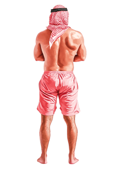 Man with Red Checkered Headscarf Standing Against png