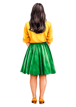 Young Woman in Yellow Top and Green Skirt from Behind View png
