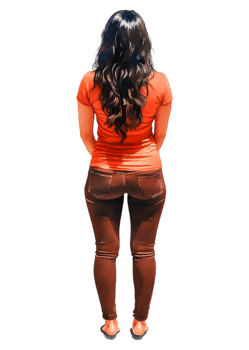 Woman in Orange Shirt and Brown Pants Standing with Long Hair png