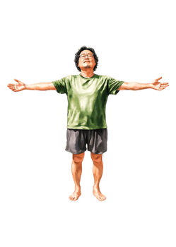Happy person celebrating life with arms wide open in green shirt png