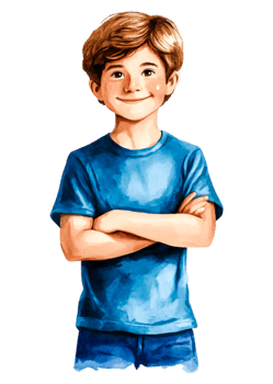 Happy boy with crossed arms smiling in blue shirt and shorts png