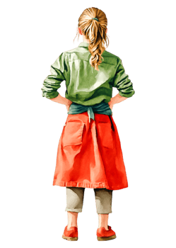 Woman Wearing Colorful Apron with Hands on Hips in Confident Pose png