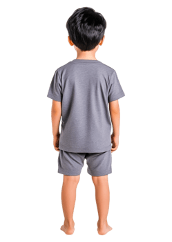 Boy in Gray Pajamas Standing with Back Turned to Camera png