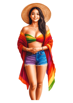 Young Woman in Colorful Outfit with Wide-Brimmed Hat and Smile png