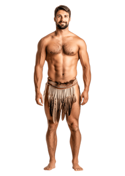 Male Model in Traditional Tribal Costume with Feathered Skirt png