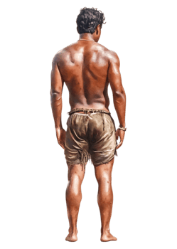 Young Man Standing Shirtless with Short Brown Shorts, Back View png