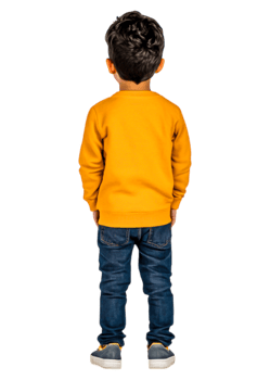 Boy with Curly Hair Wearing Orange Sweatshirt Facing Backwards png