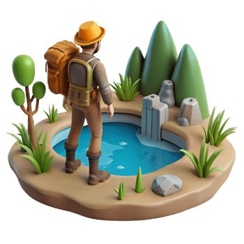 Hiker at Serene Pond in Mountain Landscape 3D Render png