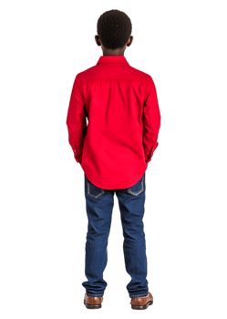 Young Boy in Red Shirt Standing with Hands Behind Back png