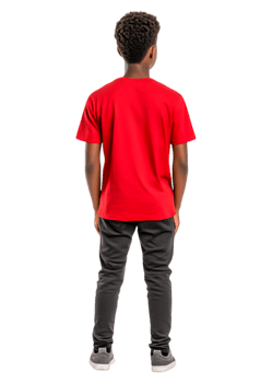 Young Boy in Red T-Shirt Standing with Back to Camera in Studio png