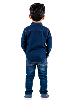Boy Wearing Casual Navy Blue Shirt and Jeans from Back View png
