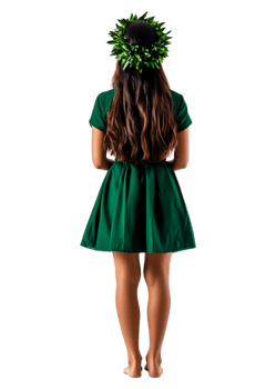 Young Woman in Green Dress with Floral Crown Facing Away from Camera png