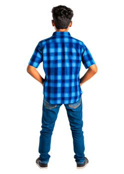 Young Boy in Blue Checkered Shirt Standing with Hands on Hips png