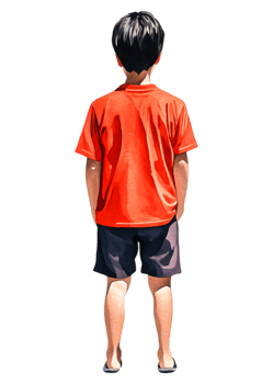 Young Boy in Orange Shirt Facing Away with Black Shorts png