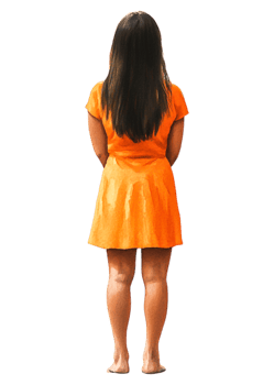 Woman in Orange Dress Standing with Back to Camera in Studio Setting png