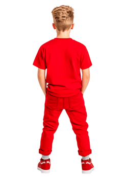 Child in Bright Red Outfit Standing with Hands in Pockets png