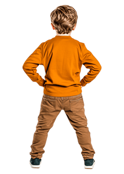 Young Boy in Orange Sweater Standing with Hands on Hips png