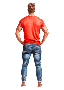 Young Man in Red T-Shirt and Jeans Standing with Hands on Hips png