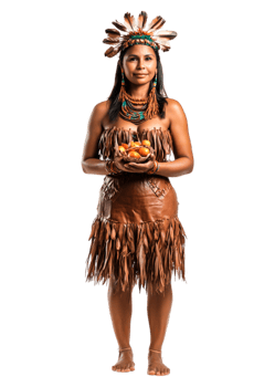 Indigenous Woman in Traditional Attire Holding Fruits with Confidence png
