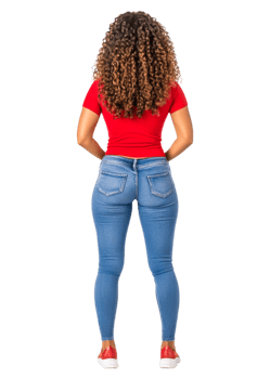 Stylish Woman with Curly Hair in Red Top and Blue Jeans png