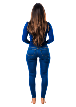 Stylish woman in blue outfit with long hair, posing from behind png