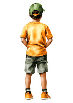 Young Boy from Back in Bright Orange Shirt and Green Cap Outdoors png