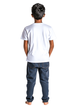 Young Boy in Plain White T-Shirt Standing against a Black Background png